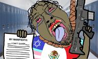 bloodshot_eyes brown_skin crying flag gun hanging holding_object irl_background israel judaism manifesto mexico rope salvador_ramos shooter shooting soyjak text tranny variant:bernd // 1165x699 // 791.3KB