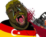 blood bloodshot_eyes chainsaw clothes country crying flag flag:germany germany glasses hair open_mouth soyjak stubble tongue turkiye variant:bernd yellow_hair yellow_sclera // 900x722 // 567.9KB