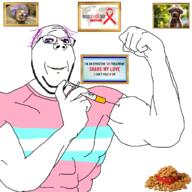 aids arm bowl buff clothes dog dog_food dress fist flag frame glasses hair hand holding_object holding_syringe hrt irl love makeup map purple_hair soyjak stubble subvariant:wholesome_soyjak swolesome syringe text tranny tshirt variant:gapejak // 2000x2000 // 1.1MB