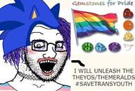 crazed flag gem gemstone glasses hair lgbt open_mouth purple_hair sega sonic sonic_the_hedgehog soyjak stubble text tranny variant:soyak // 392x266 // 24.3KB