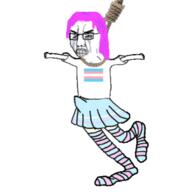 animated arm bloodshot_eyes clenched_teeth crying dance flag full_body glasses hair hand hanging leg lips penis purple_hair rope skirt sock soyjak suicide tranny variant:chudjak // 1426x1426 // 591.0KB