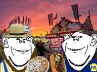 2soyjaks amish badge brown_hair carnival clothes ear food hat irl_background meta:tagme pennsylvania smile soyjak stubble sunset variant:impish_soyak_ears // 960x715 // 415.2KB