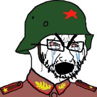 bloodshot_eyes clothes collar_tabs combat_helmet communism crying epaulettes glasses hat helmet leftypol military military_uniform open_mouth soyjak star stubble thick_eyebrows variant:cryboy_soyjak // 900x900 // 490.7KB