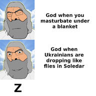 beard biting_lip closed_eyes closed_mouth glasses god grey_skin hair masturbation open_mouth russia russo_ukrainian_war smile soyjak text ukraine variant:cobson z_(russian_symbol) // 2000x2000 // 297.5KB