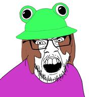 angry brown_hair clothes frog frog_hat froge hair hat purple_shirt soyjak stubble variant:feraljak // 1440x1430 // 178.0KB