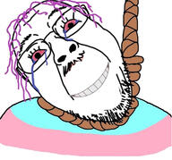 beard bloodshot_eyes clothes crying flag glasses hanging mustache open_mouth purple_hair rope smile soyjak stubble suicide tongue tranny variant:bernd // 770x716 // 163.2KB