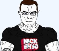 blue_eyes brown_hair buff chud closed_mouth clothes ear glasses hair nick_eh_30 sonnenrad soyjak subvariant:chudjak_front subvariant:muscular_chud tshirt variant:chudjak // 1059x929 // 162.6KB