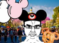 angry balloon castle closed_mouth clothes disney disneyland ear food glasses hair hat irl_background mickey_mouse pretzel soyjak subvariant:chudjak_front theme_park variant:chudjak // 786x575 // 635.3KB