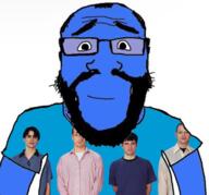 arm balding beard calm closed_mouth clothes glasses hair smile soyjak subvariant:chudjak_front subvariant:science_lover tshirt variant:chudjak variant:markiplier_soyjak weezer weezer_blue_album // 598x558 // 286.8KB