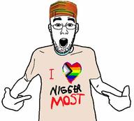 arm clothes gay glasses hand hat heart i_love lgbt nigger open_mouth pointing progress_pride_flag soyjak stubble tranny tshirt variant:shirtjak // 618x558 // 43.5KB