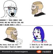 2soyjaks alien antenna beard bloodshot_eyes clothes comic crying flag glasses hair logo makeup meme meta mustache nordic_chad open_mouth purple_hair r_teenagers reddit soyjak stubble text tranny variant:soyak yellow_hair // 1141x1172 // 400.0KB