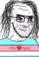 4chan acne closed_mouth clothes flag flag:transgender_pride_flag glasses hair heart i_love lgbt lgbt_(4chan) makeup nose_piercing r9k_(4chan) smile smug soyjak stubble tattoo tranny variant:soyak // 708x1017 // 377.1KB