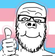 flag glasses hand smile soyjak stubble thumbs_up tranny variant:a24_slowburn_soyjak // 600x612 // 76.8KB