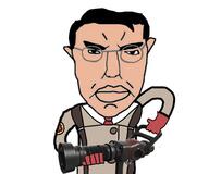 angry chud closed_mouth clothes glasses hair holding_gun holding_object medi_gun medic_(tf2) necktie soyjak subvariant:chudjak_front team_fortress_2 variant:chudjak video_game white_skin // 2496x2074 // 855.7KB