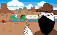 2soyjaks angry bandit cactus canyon clothes cloud coal cowboy_hat desert drawn_background glasses goyslop hat match open_mouth sky soyjak stubble subvariant:wholesome_soyjak text tnt train variant:feraljak variant:gapejak // 2656x1644 // 405.5KB