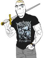 1488 arm aryan black_shirt blue_eyes buff closed_mouth clothes glasses hair hand holding_object holding_sword m8l8th metal_(music) nazism schutzstaffel smile soyjak stubble sword tattoo tshirt variant:cobson vein watch weapon yellow_hair // 1834x1910 // 503.6KB