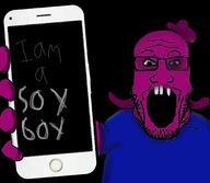 arm blue_shirt clothes glasses hair hand holding_object holding_phone iphone missing_teeth open_mouth phone purple_skin soyboy soyjak stubble subvariant:phoneplier subvariant:phoneplier_vertical text variant:markiplier_soyjak // 2048x1786 // 234.2KB