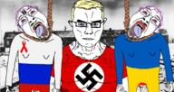 3soyjaks aids blond blood blue_eyes buff clothes concentration_camp ear glasses hair hanging irl_background muscles neovagina noose purple_hair rope russia soyjak subvariant:chudjak_front subvariant:muscular_chud swastika tshirt ukraine variant:chudjak variant:gapejak vein yellow_hair // 1743x929 // 805.0KB