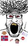 bloodshot_eyes coronavirus_pandemic country flag flag:norway glasses hair norway open_mouth soyjak stubble vaccine variant:markiplier_soyjak yellow_teeth // 600x988 // 414.7KB