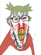 4chan anime blood bloodshot_eyes clenched_teeth cracked_teeth ear glasses green_hair hair mustache nosebleed open_mouth soyjak stubble subvariant:feralrage variant:feraljak vein yotsoyba // 892x1197 // 523.3KB