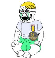 arm baby badge bloodshot_eyes clothes crying full_body glasses hair hand leg nate open_mouth piss soot_colors soyjak soyjak_party stubble text thick_eyebrows tshirt variant:cryboy_soyjak yellow_hair // 546x575 // 48.8KB