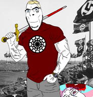 1488 aryan blood buff clothes decapitation glasses holding_object holding_sword irl_background red_shirt severed_head sig_rune sonnenrad stubble swastika sword tattoo tranny variant:bernd variant:cobson vein watch weapon wristwatch yellow_hair // 1834x1910 // 1.2MB