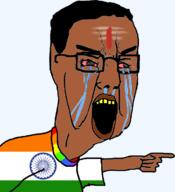 angry arm bindi bloodshot_eyes brown_skin clothes country crying flag flag:india flag:lgbt_pride_flag glasses hair hand india indian lgbt open_mouth pointing soyjak tshirt variant:chudjak yellow_teeth // 680x744 // 126.9KB