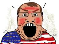 amerimutt angry blush brown_eyebrows brown_hair clothes country fat flag hair mcdonalds open_mouth soyjak stinky subvariant:science_lover united_states variant:markiplier_soyjak // 800x600 // 281.7KB