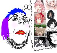 anime astolfo blue_hair blush doki_doki_literature_club eyelashes fate_grand_order felix_argyle femboy frown gay girls_und_panzer glasses hair lips makeup purple_hair re_zero sayori soyjak stubble tagme_character_name thought_bubble tranny variant:gapejak yellow_teeth // 1100x1017 // 832.6KB