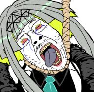 anime bloodshot_eyes clothes crying eyelashes female glasses grey_hair hanging megami_tensei mustache necktie open_mouth ringo rope soul_hackers_2 soyjak stubble suicide suit tongue variant:bernd video_game // 938x919 // 51.3KB