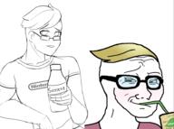 bottle clothes drinking drinking_straw ear glasses hair meta:not_a_soyjak nintendo oekaki redraw smug soy soyjak soylent variant:wojak video_game wojak yellow_hair // 951x706 // 189.6KB