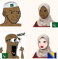 2soyjaks blush bosnia brown_eyes closed_mouth clothes concerned ear eyelashes eyes_popping femjak flag glasses hand hands_up hat hijab islam makeup open_mouth pakistan place_japan soyjak stubble subvariant:waow text variant:soyak variant:wojak white_skin yellow_teeth // 950x969 // 382.1KB