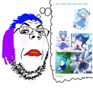 anime blue_hair cirno glasses greentext hair makeup purple_hair soyjak speech_bubble stubble text touhou tranny variant:gapejak video_game // 1100x1121 // 729.4KB