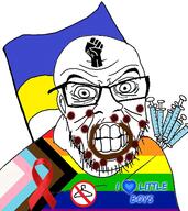 aids angry arm black_lives_matter clenched_teeth closed_mouth coathanger coprophagia country ear fist flag glasses heart i_love looking_at_you monkeypox mustache pedophile poop pride_flag progress_pride_flag raised_fist_(symbol) ribbon soyjak stubble syringe teeth text ukraine vaccine variant:feraljak // 3656x4096 // 4.1MB