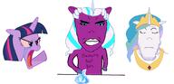 3soyjaks angry cartoon closed_mouth colorful_hair crying hair millions_must_die my_little_pony opaline pony princess_celestia soy_parody soyjak stubble subvariant:chudjak_front text twilight_sparkle variant:chudjak variant:markiplier_soyjak // 2528x1224 // 248.9KB