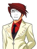 closed_mouth clothes ear glasses hair necktie red_hair smile stubble subvariant:lawrence suit umineko ushiromiya_battler variant:markiplier_soyjak video_game white_skin // 387x511 // 153.9KB