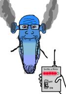 angry bald bloodshot_eyes blue blue_skin calm closed_mouth ear fume glasses hand holding_object meter nintendo nintendo_switch ogre_ears seethe seethe-o-meter smoke soyjak stretched_chin stubble text variant:markiplier_soyjak video_game // 888x1274 // 145.7KB