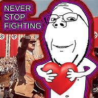 adolf_hitler arm fascism flag glasses hand heart holding_heart holding_object motivational nazism never_stop_fighting nipple smile soyjak stubble subvariant:wholesome_soyjak swastika text variant:gapejak // 1000x1000 // 636.9KB