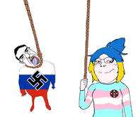 2soyjaks arm bloodshot_eyes blush closed_mouth country crying cyrillic_text fascism flag full_body glasses hair hand hanging holding_object holding_rope leg lynching nazism open_mouth rope russia russo_ukrainian_war smile soyjak subvariant:chudjak_front subvariant:soylita swastika text tongue tranny trans_rights ukraine variant:chudjak variant:gapejak yellow_hair yellow_teeth // 1634x1406 // 344.7KB