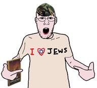 bronze_age_pervert clothes hat i_heart_kike i_love judaism kike kippah open_mouth pointing soyjak star_of_david stubble tshirt variant:shirtjak // 618x559 // 36.1KB