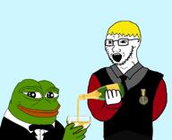 arm badge bottle clothes frog glass glasses green_skin hair hand holding_bottle holding_object nate necktie open_mouth pepe smile soot_colors soyjak soyjak_party stubble suit text tuxedo variant:soyak yellow_hair // 1702x1384 // 301.8KB