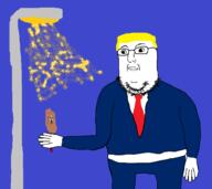 2soyjaks arm closed_mouth clothes corn_dog crying donald_trump food glasses hand holding_object light necktie open_mouth soyjak stubble suit variant:norwegian variant:soyak yellow_hair // 1293x1153 // 467.0KB