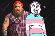 beanie bloodshot_eyes clothes crying fat flag hat irl lumberjack meta:tagme open_mouth purple_hair soyjak stock_image tongue tranny variant:bernd watermark // 1300x864 // 160.5KB