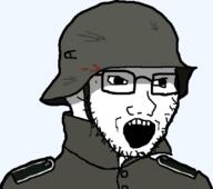 clothes glasses hat helmet military nazism open_mouth politics schutzstaffel soyjak stubble uniform variant:soyak // 455x403 // 72.6KB