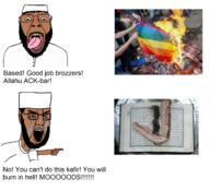 2soyjaks angry arab bacon beard bloodshot_eyes book brown_skin burning crying desecration fire flag gay glasses hair islam lgbt muslims open_mouth pointing poop quran rainbow rainbow_flag soyjak text tongue variant:bernd variant:chudjak // 1590x1452 // 1.3MB