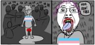 blood comic flag glasses hair mustache open_mouth purple_hair rent_free soyjak speech_bubble stubble text tongue tranny variant:bernd yellow_teeth // 1024x484 // 310.2KB