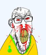 angry badge blood bloodshot_eyes clenched_teeth closed_mouth cracked_teeth glasses mustache nosebleed portuguese_text soyjak stubble subvariant:feralrage text variant:feraljak vein yellow_teeth // 1500x1800 // 141.5KB