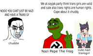 bloodshot_eyes crying frog furry green_skin label middle_finger nazism paxiti pepe purple_hair red_shirt soyjak_party swastika tranny trans trans_flag trans_rights variant:chudjak white_skin // 1962x1189 // 621.5KB