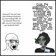 2soyjaks bloodshot_eyes choker clothes crying doomer doomer_girl femjak flag glasses green_eyes grey_hair grey_skin hrt neovagina open_mouth reptilian robot soyjak stubble text tranny trans_rights variant:chudjak variant:soyak wordswordswords // 1600x1600 // 199.3KB