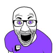 clothes glasses logo open_mouth purple_eyes soyjak stubble tshirt variant:el_perro_rabioso // 427x400 // 22.0KB